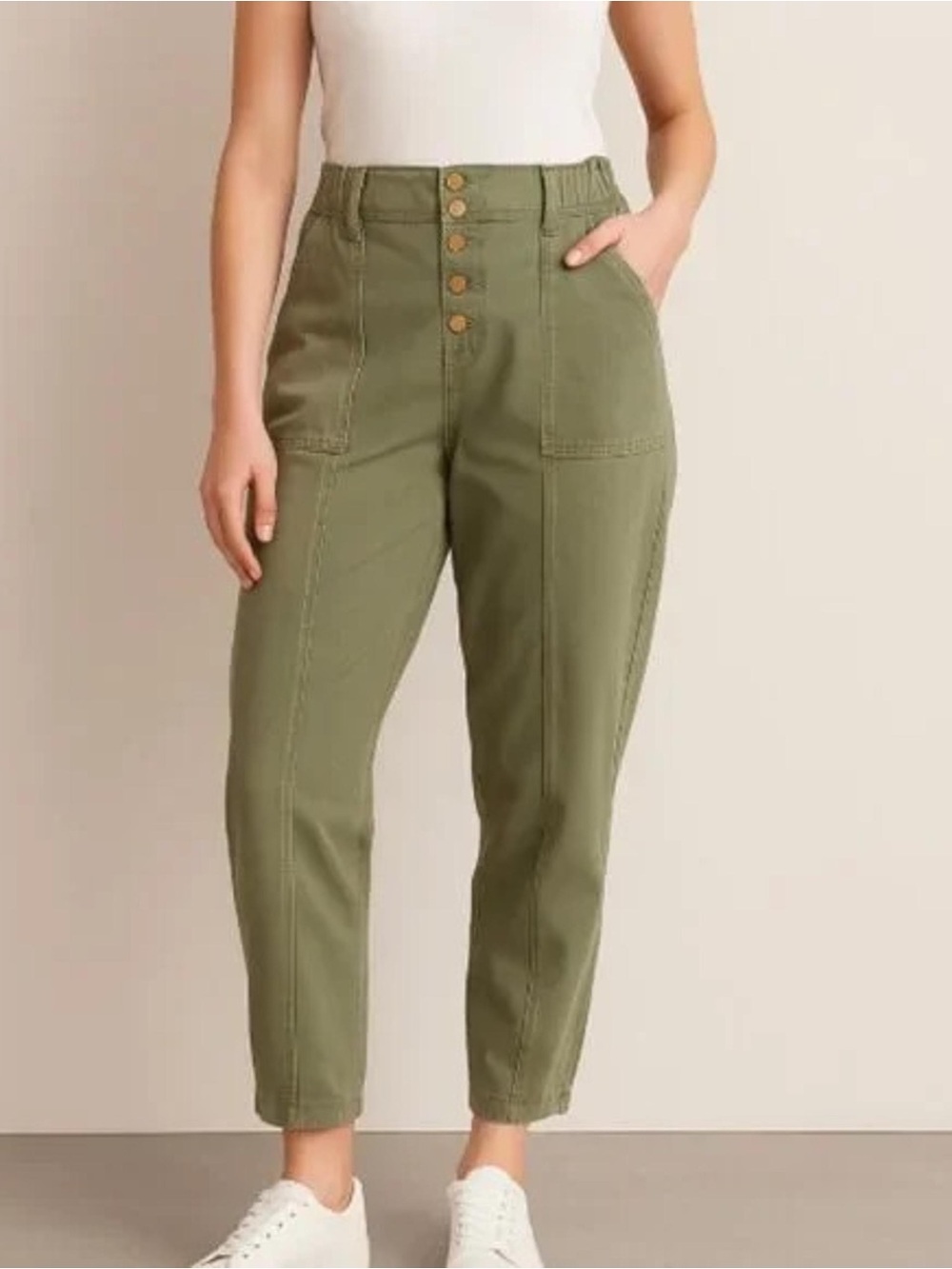 Knox Rose Olive High-Waist Button-Front Ankle Pants